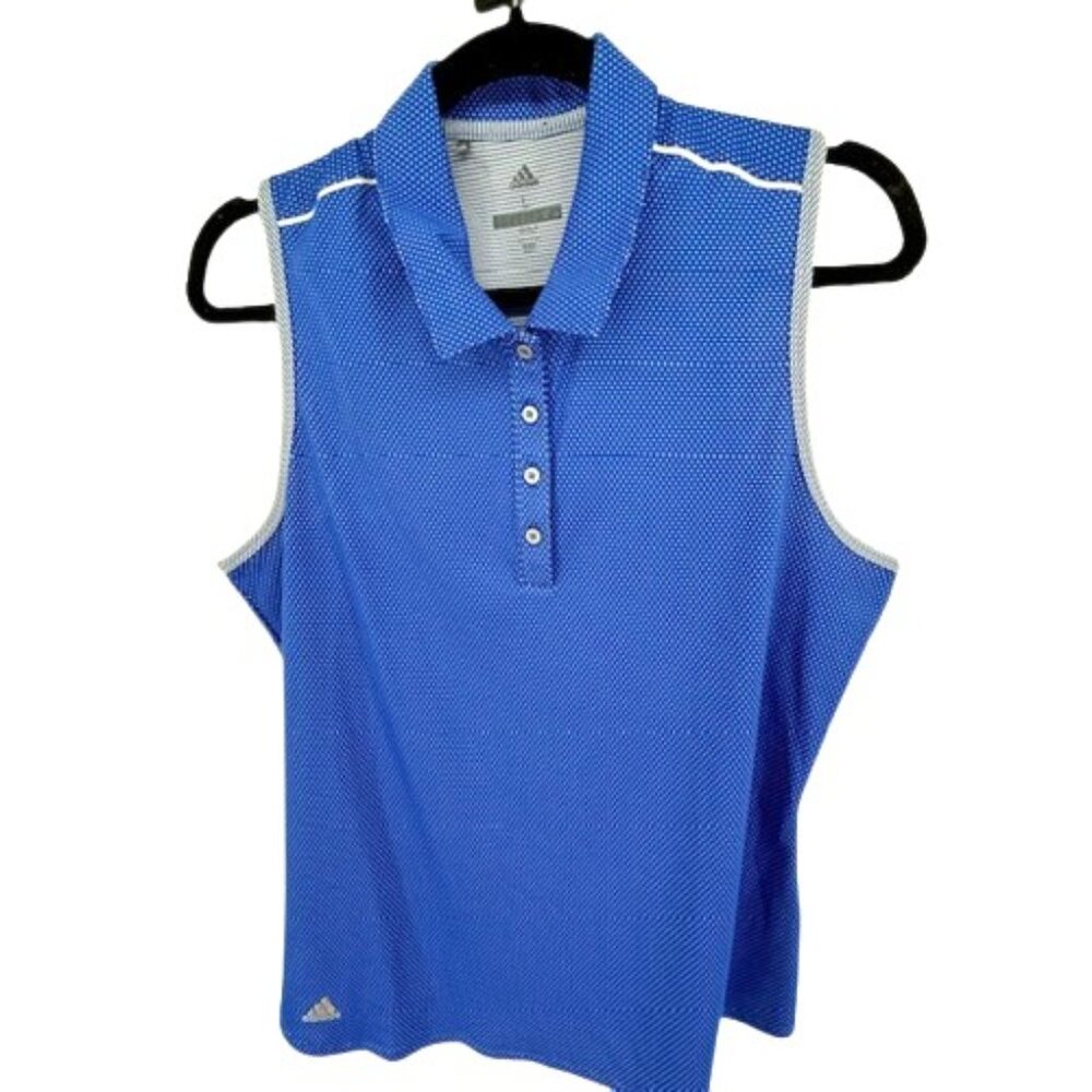 Adidas Women’s Golf Polo Shirt Large Sleeveless Collared Blue White Polka Dot - Picture 2 of 6